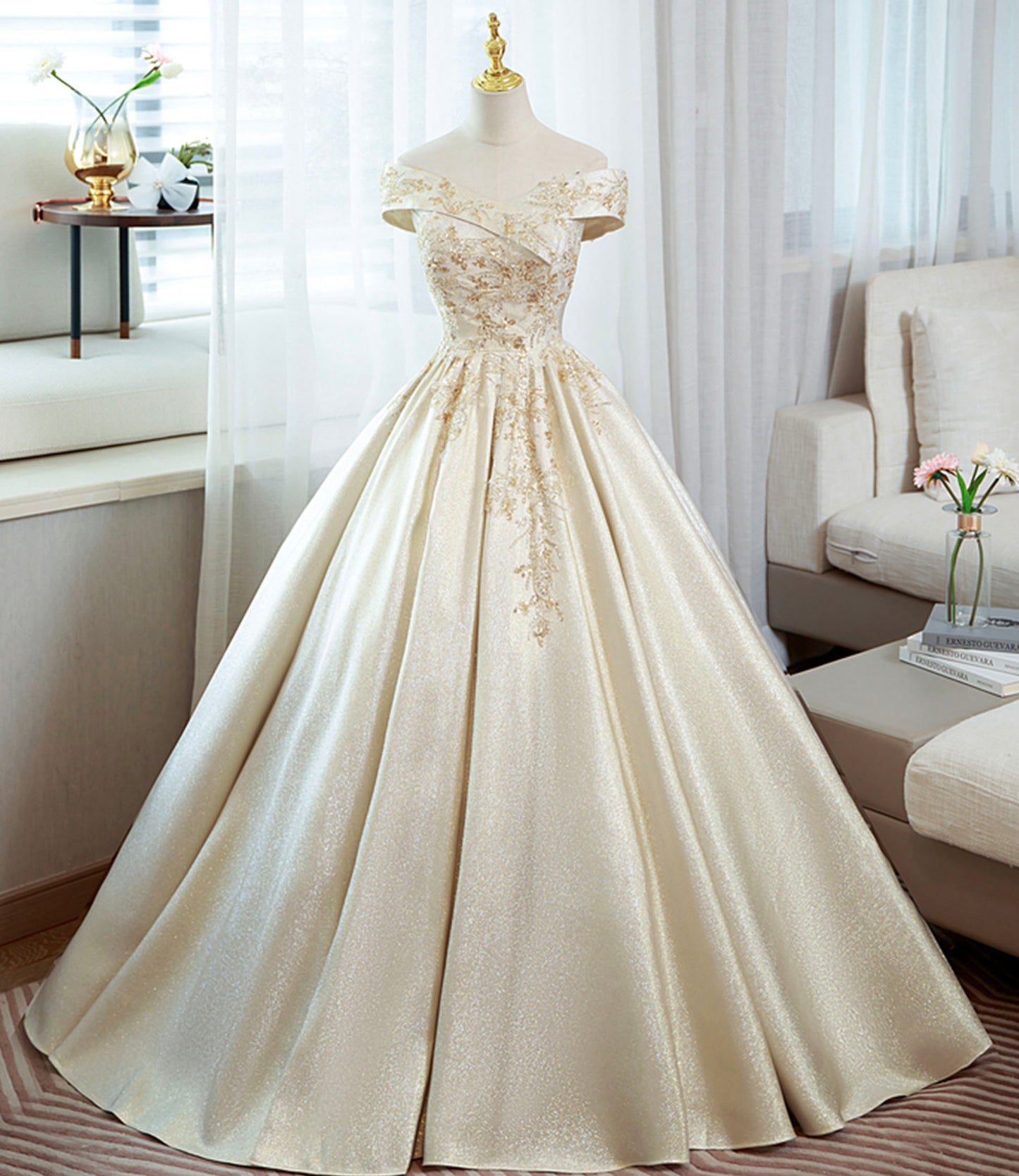 Champagne A Line Sequins Beaded Satin Long Ball Gown Formal Gown DP926