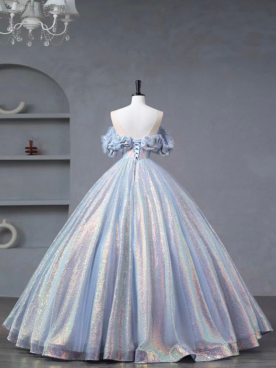 Blue A Line Tulle Sequins Long Ball Gown Prom Dresses DP923