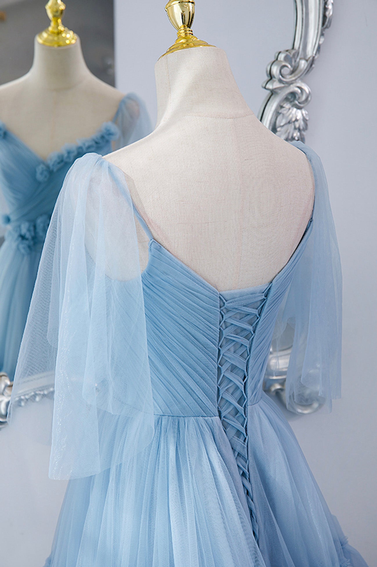 A Line Blue Layered Tulle Long Prom Dress Evening Gown DP966
