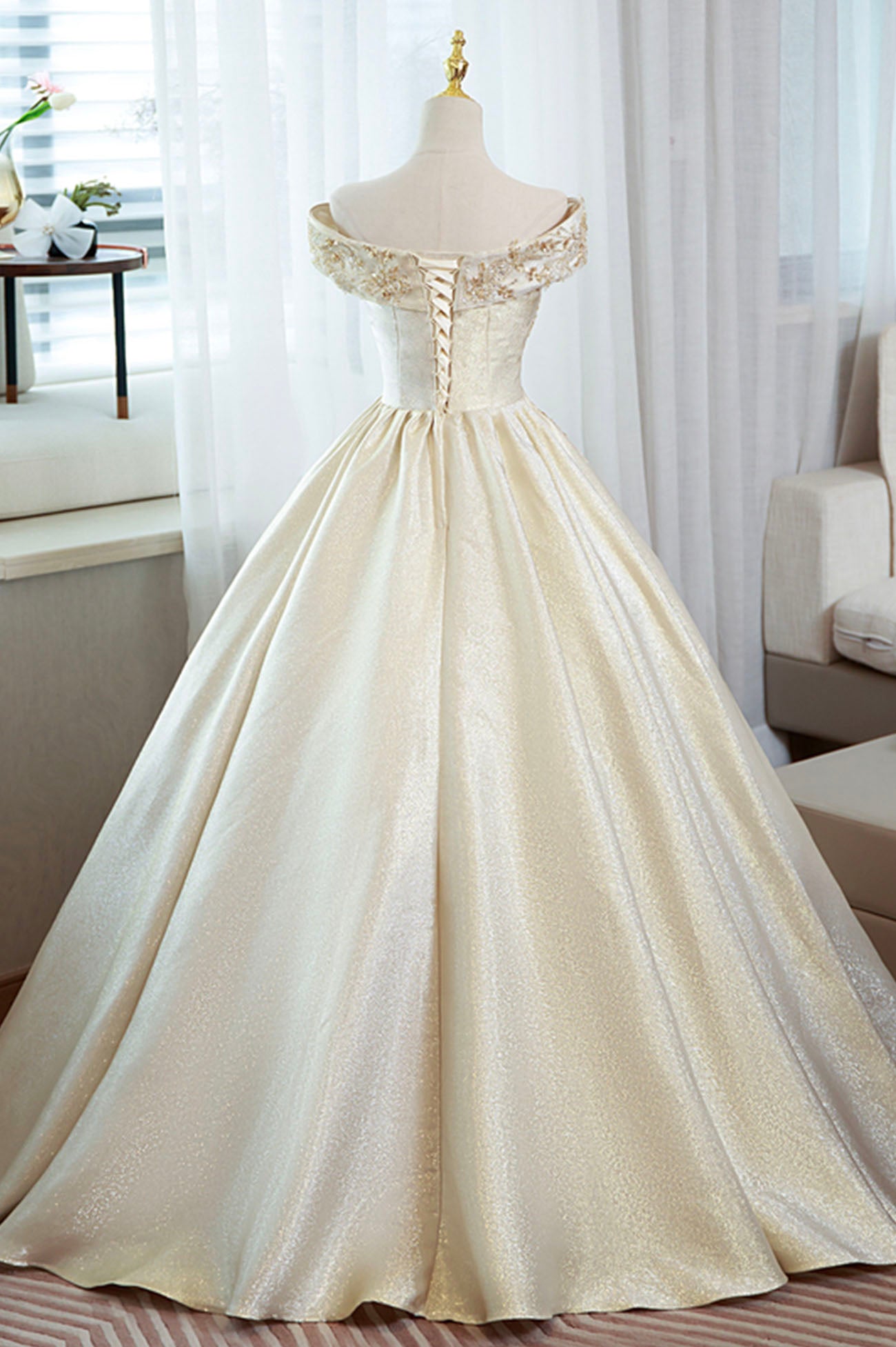 Champagne A Line Sequins Beaded Satin Long Ball Gown Formal Gown DP926