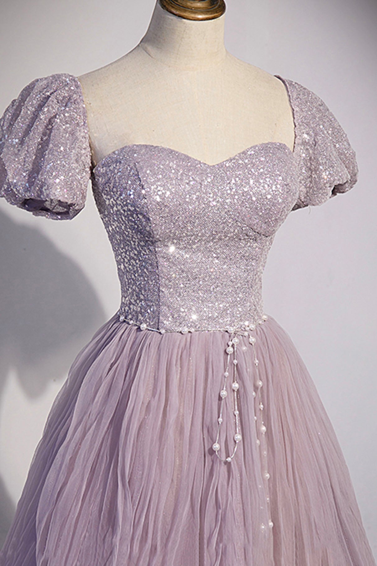 Light Purple Puff Sleeve Pearl Sequins Tulle Long Prom Dress Evening Dress DP1224