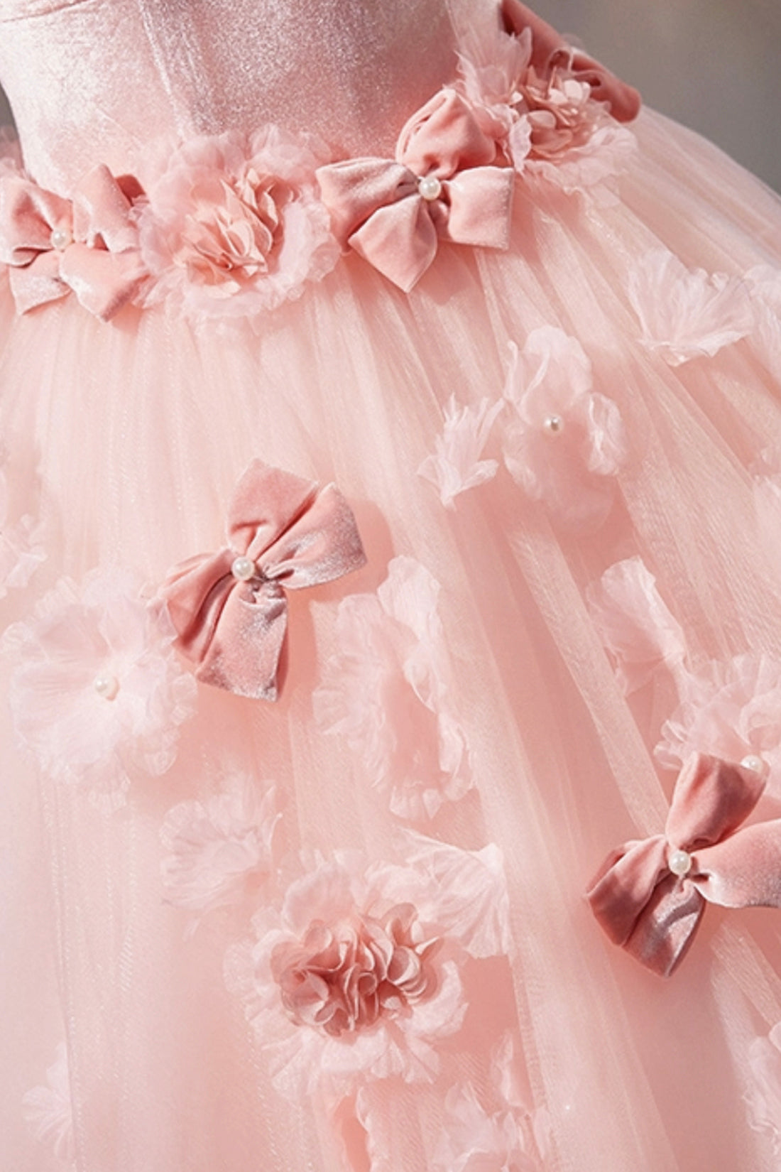 A Line Pink Velvet Tulle Prom Dress with Flowers Evening Sweet 16 Dress DP1079