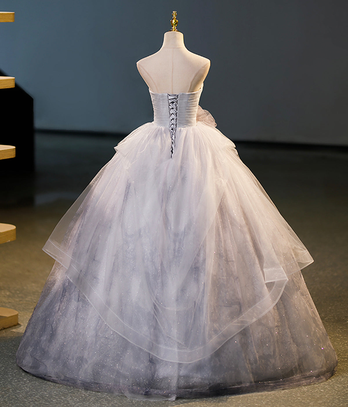 Elegant Gray Strapless Layered Tulle Long Prom Dress Ball Gown DP1199