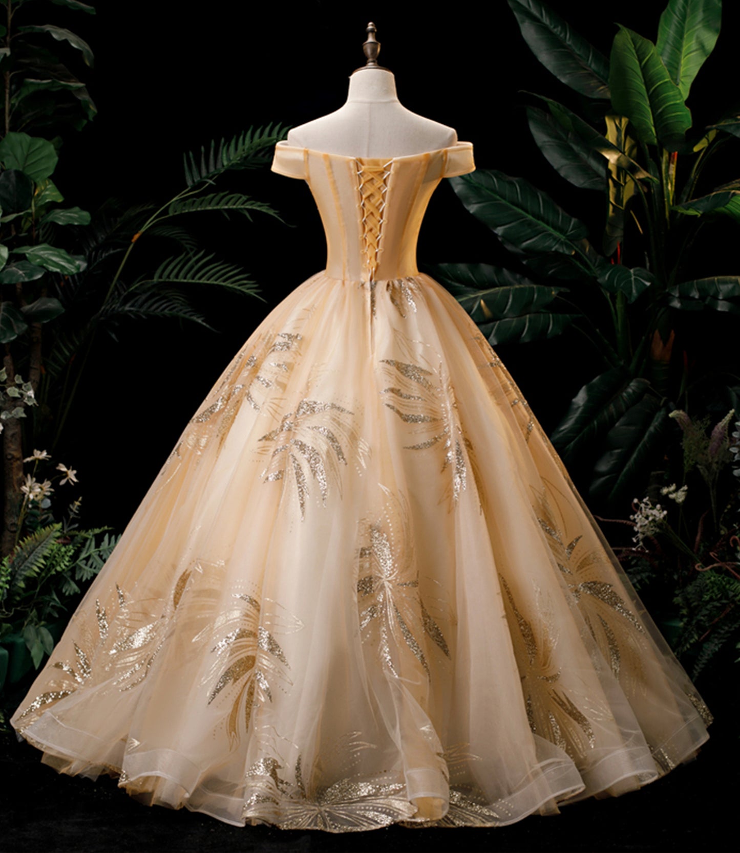 Champagne Off-the-shoulder Lace Sequins Tulle Long Ball Gown Formal Gown DP902
