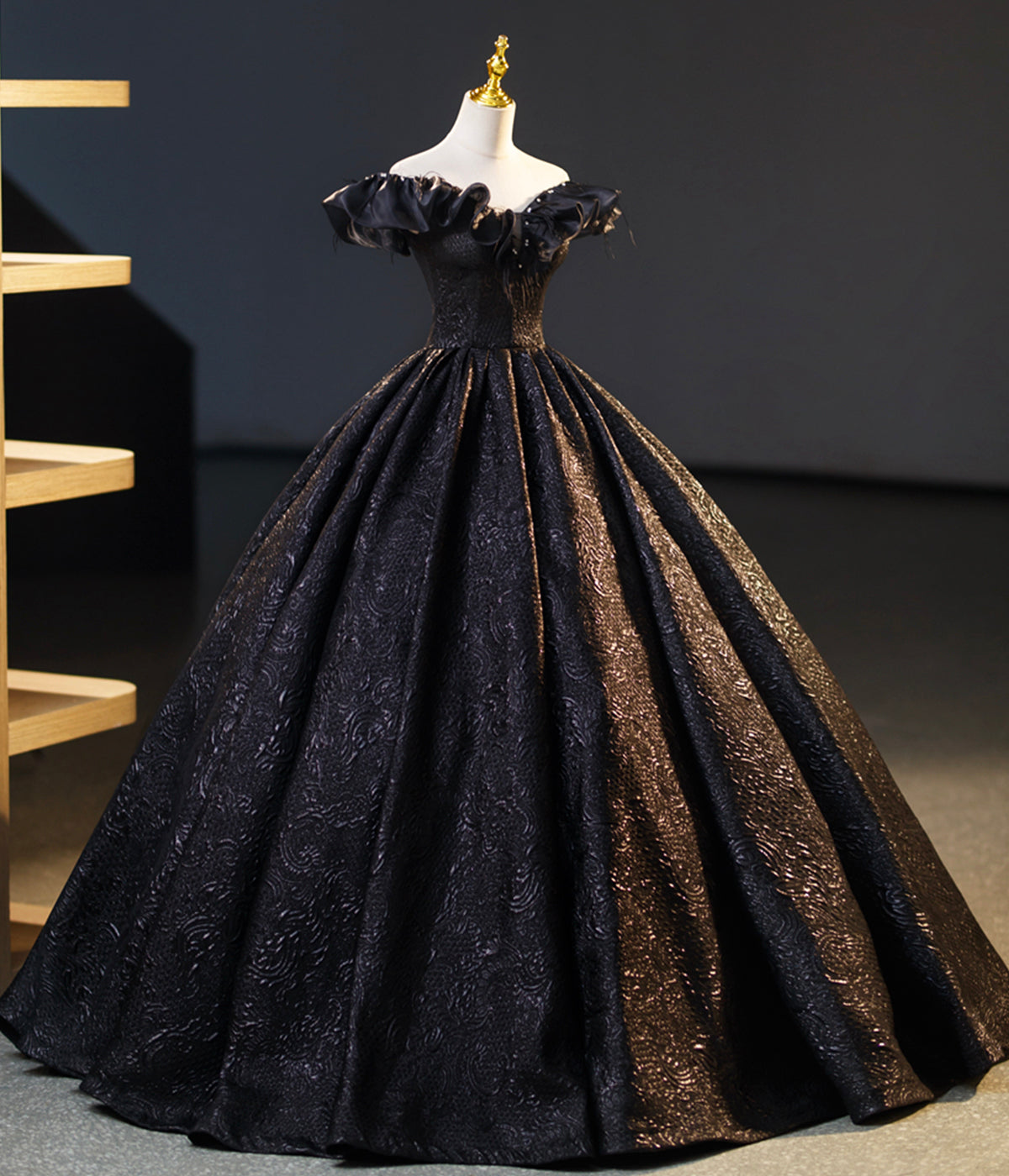 Black A Line Off-the-shoulder Satin Prom Dress Ball Gown DP948
