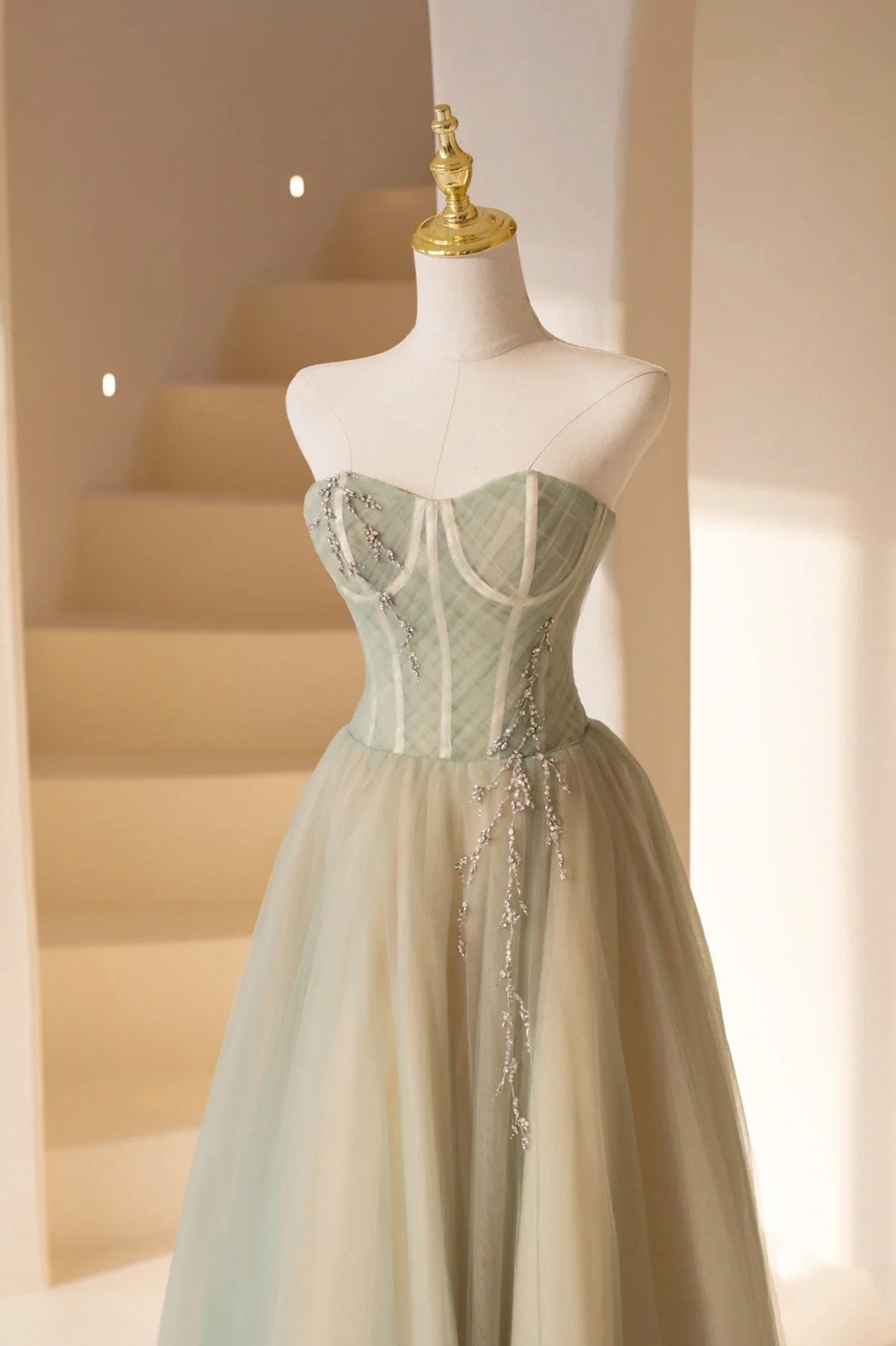 Cute Strapless Beaded Tulle Tea Length Prom Dress DP970