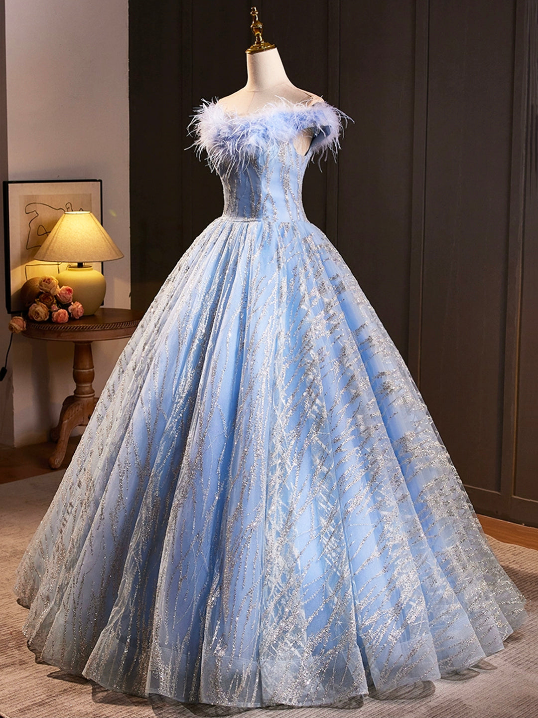 A Line Sequins Blue Tulle Long Prom Dresses Evening Dresses with Feather DP1099