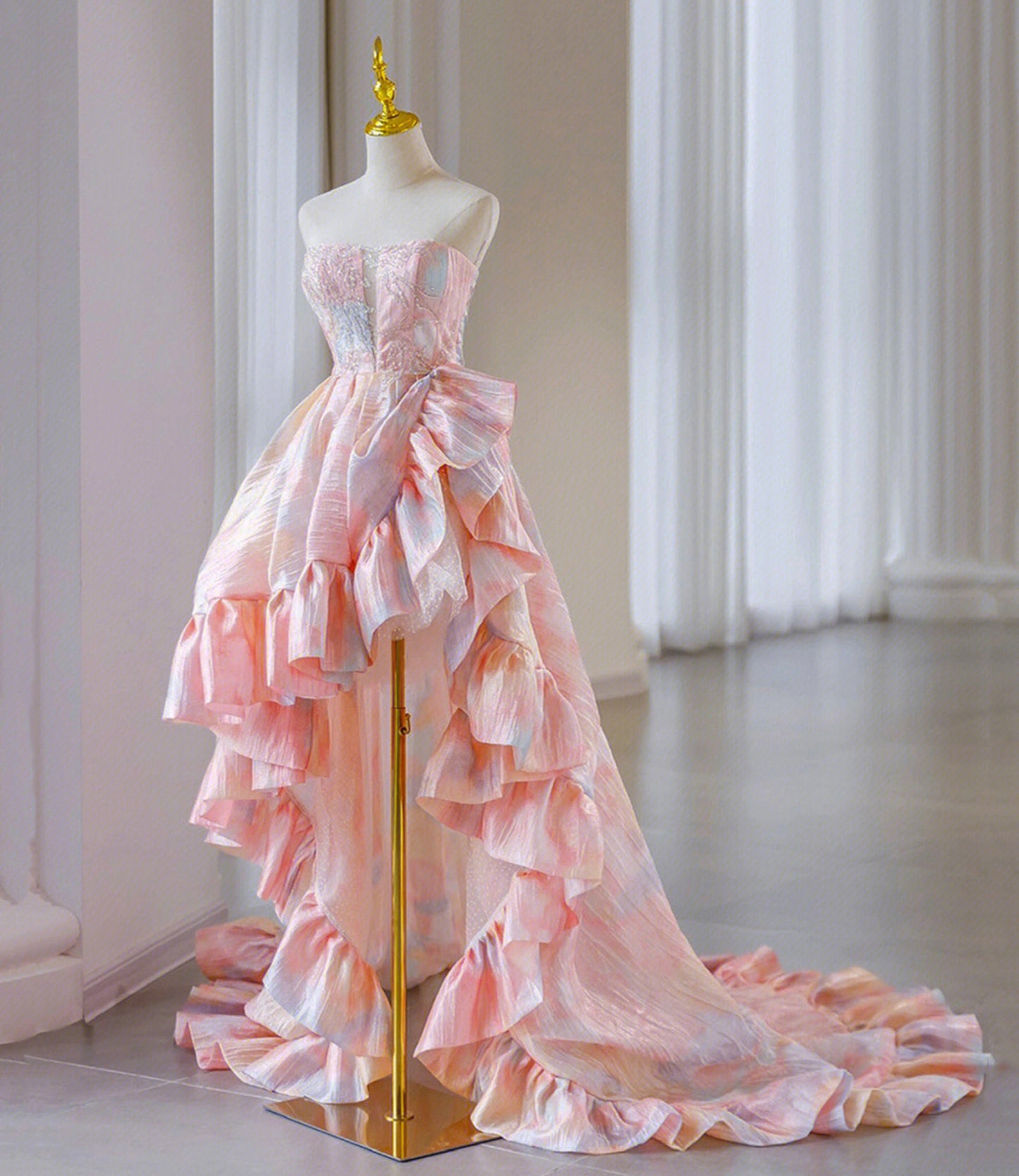 Dreamy A Line Strapless Beaded Ruffles Prom Dresses DP918