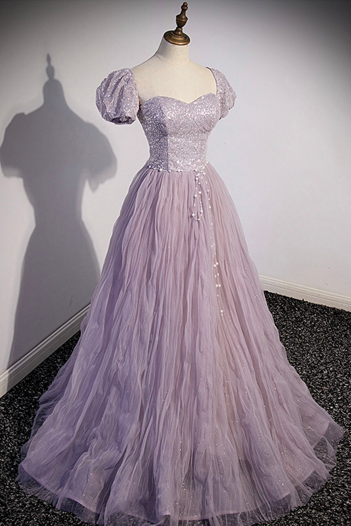 Light Purple Puff Sleeve Pearl Sequins Tulle Long Prom Dress Evening Dress DP1224