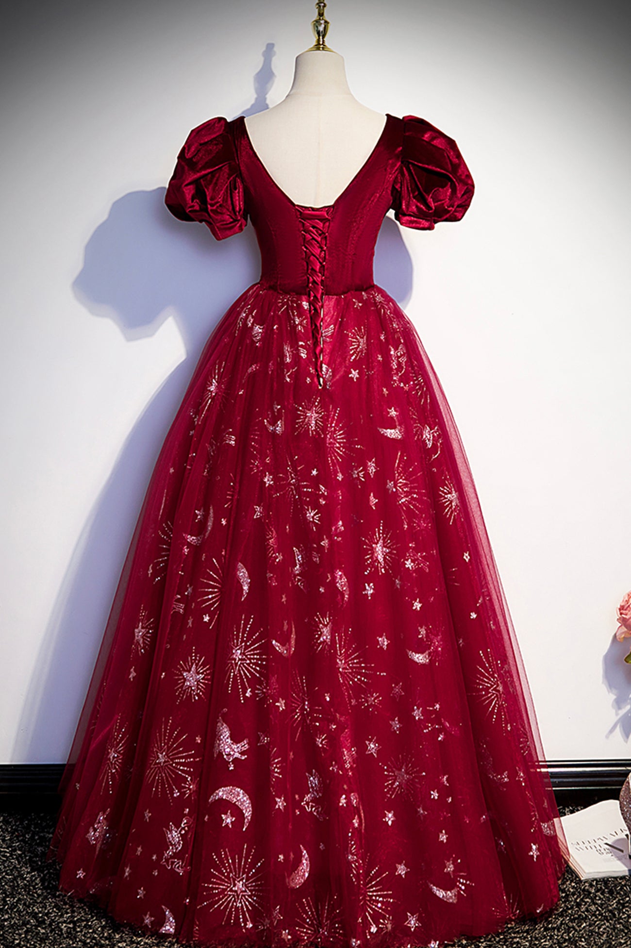 Burgundy A Line Puff Sleeve Velvet Tulle Long Prom Dress Evening Dress DP1215