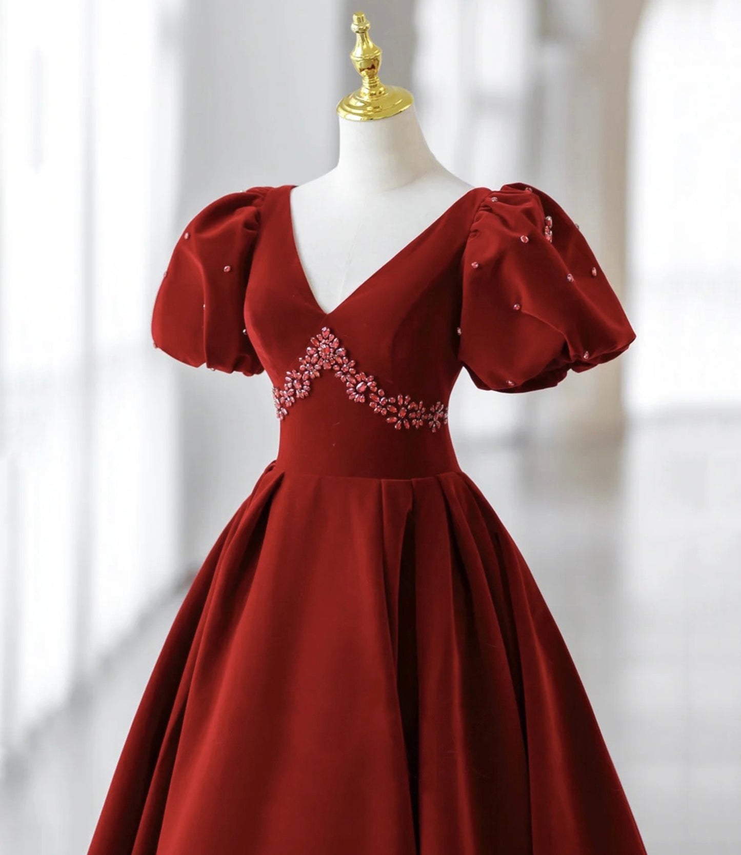 Burgundy A Line Puff Sleeves Velvet Long Prom Dress Evening Dress DP904