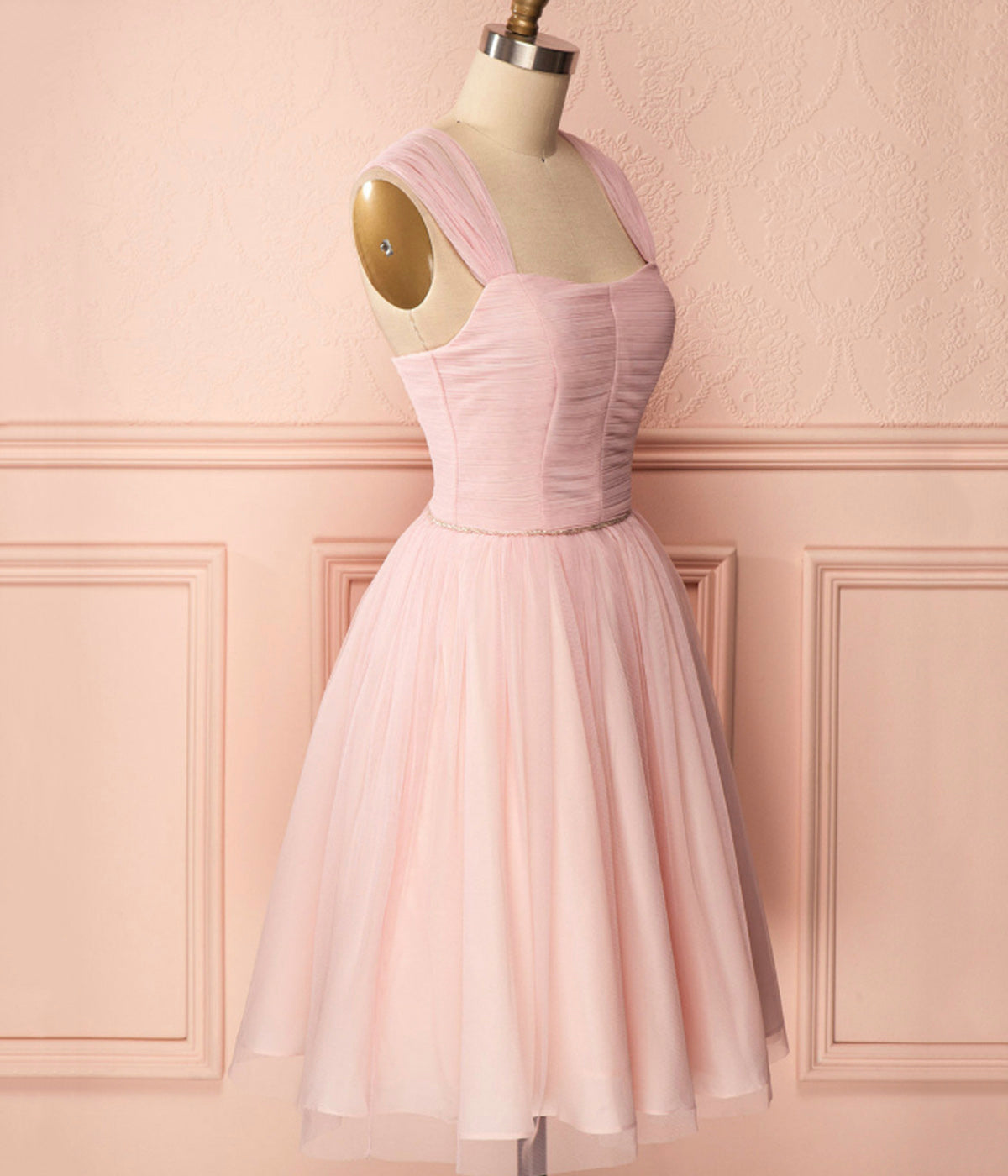 Simple Pink A Line Spaghetti Strap Tulle Bridesmaid Dresses DP916