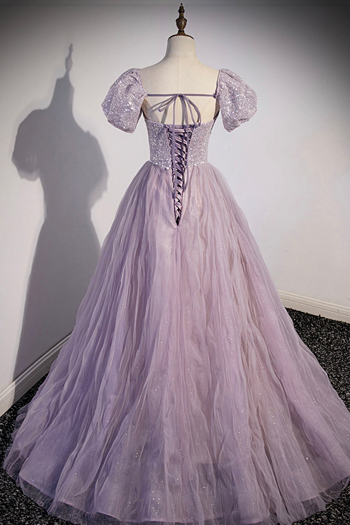 Light Purple Puff Sleeve Pearl Sequins Tulle Long Prom Dress Evening Dress DP1224