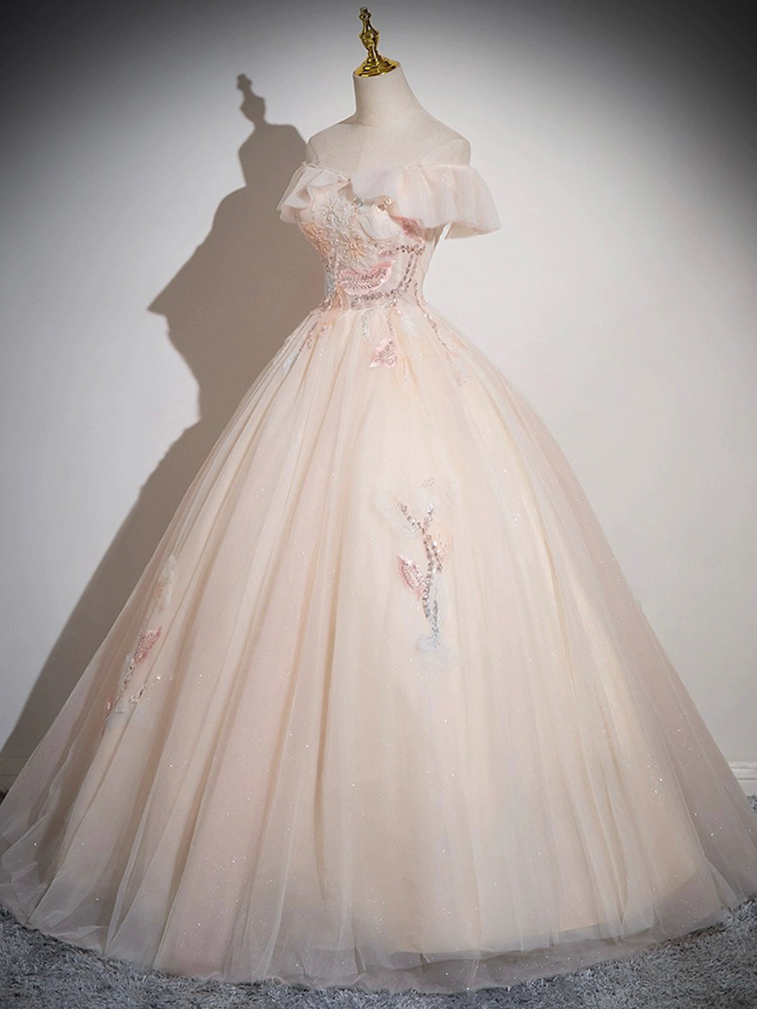 Elegant Off the Shoulder Appliques Sequins Tulle Long Prom Dress Ball Gown DP1136