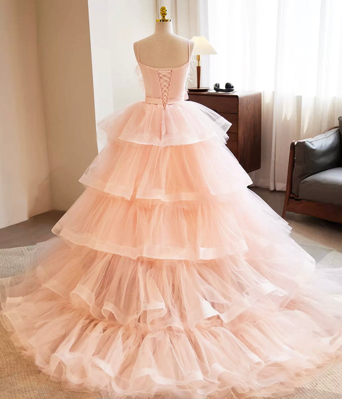 Pink Spaghetti Strap Feather Layered Bow Tulle Prom Dresses DP928