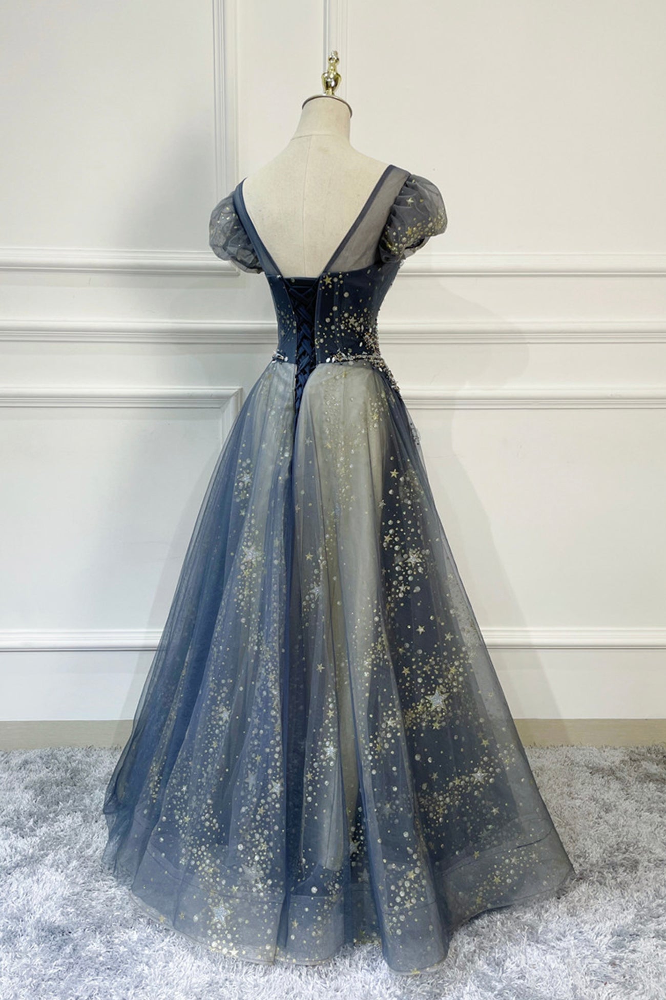 Blue A Line Beaded Sequins Tulle Long Prom Dress Evening Dress DP969