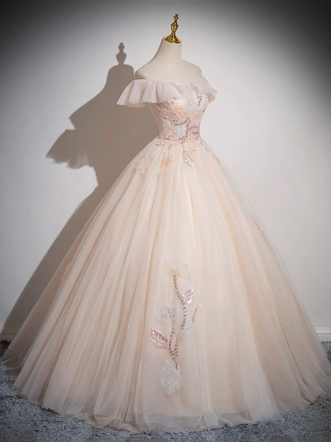 Elegant Off the Shoulder Appliques Sequins Tulle Long Prom Dress Ball Gown DP1136