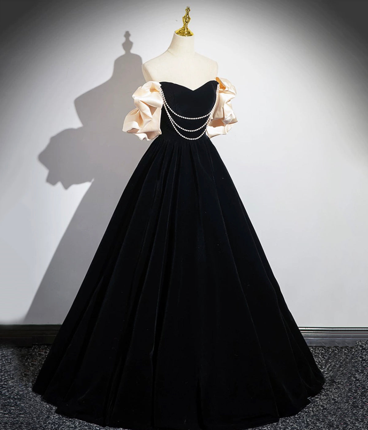 Black A Line Off the Shoulder Velvet Long Prom Dress with Pearls DP1186