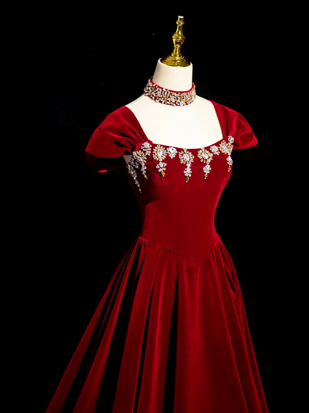 Burgundy A Line Beaded Velvet Long Prom Dress DP911