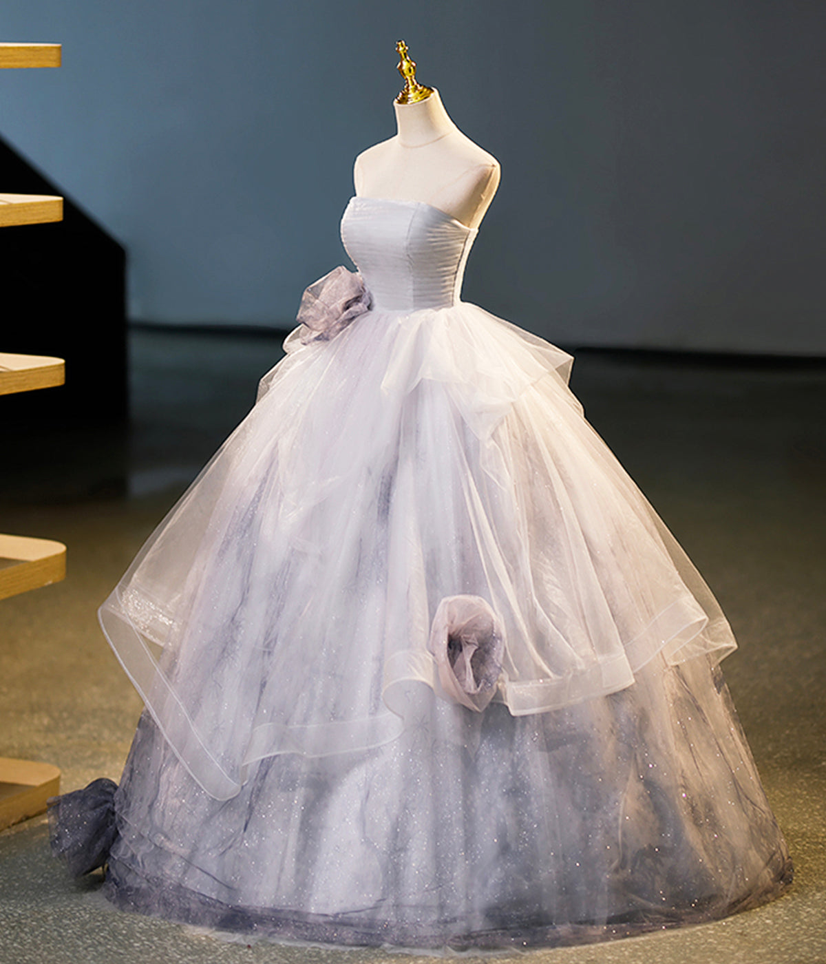 Elegant Gray Strapless Layered Tulle Long Prom Dress Ball Gown DP1199