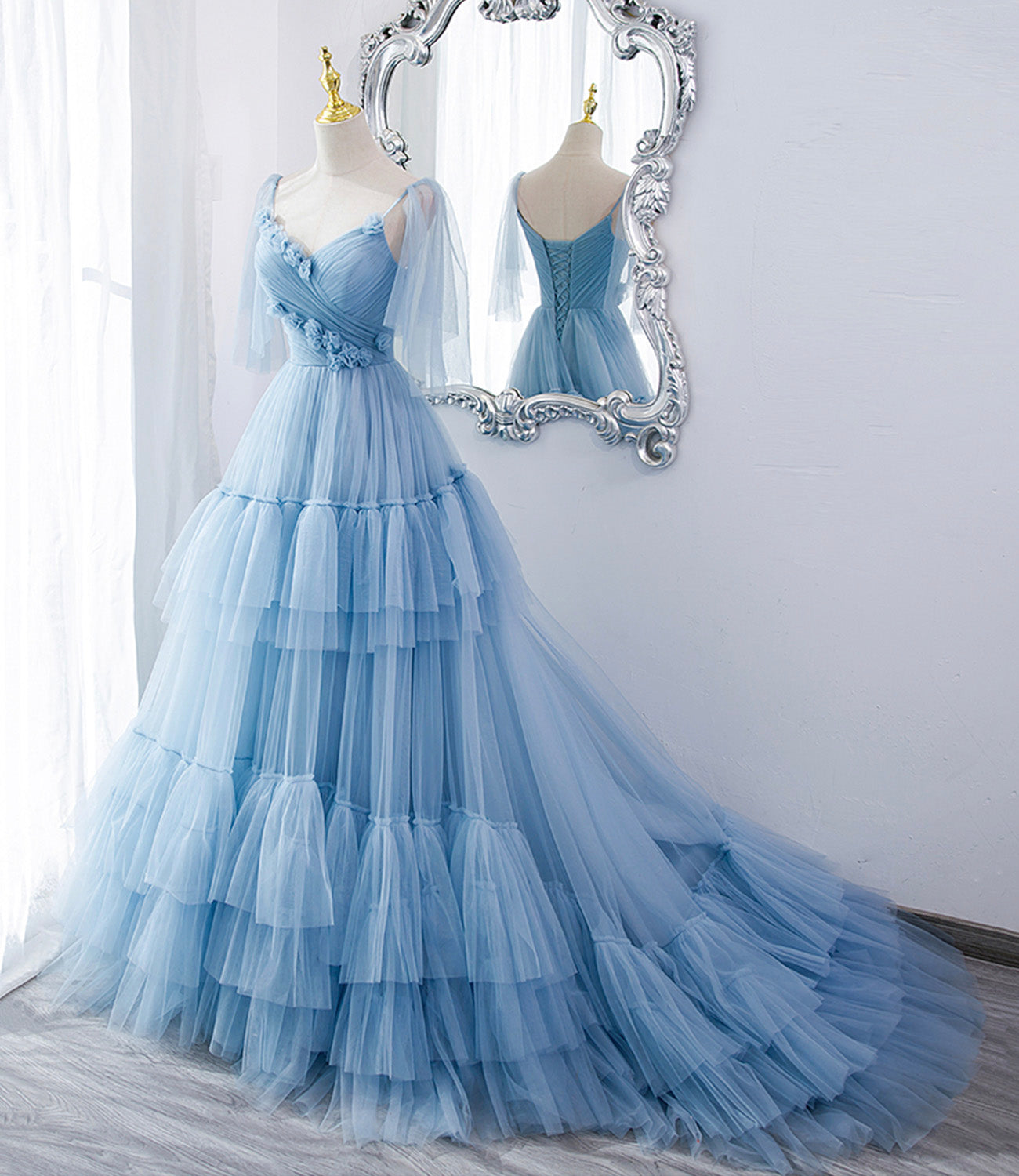 A Line Blue Layered Tulle Long Prom Dress Evening Gown DP966