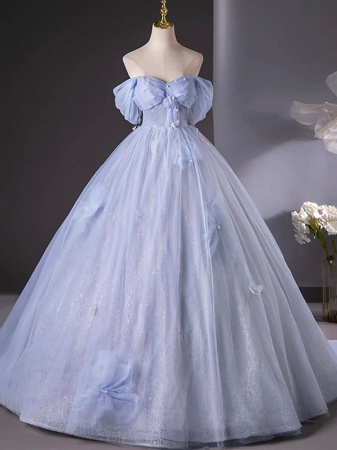 A Line Off the Shoulder Blue Tulle Floor Length Prom Dress Ball Gown DP1092