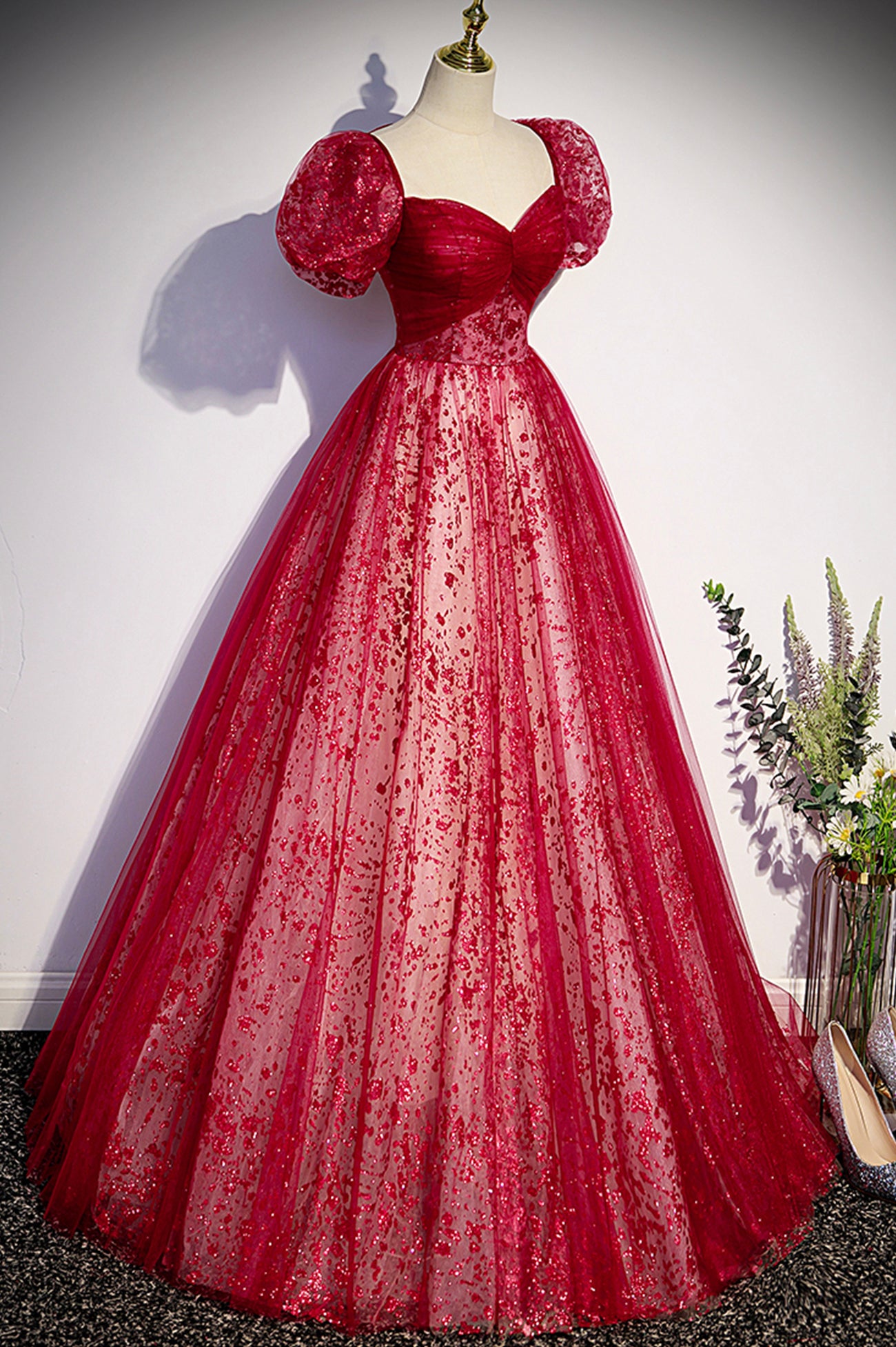 Burgundy A Line Sequins Tulle Long Prom Dress Evening Dress DP968