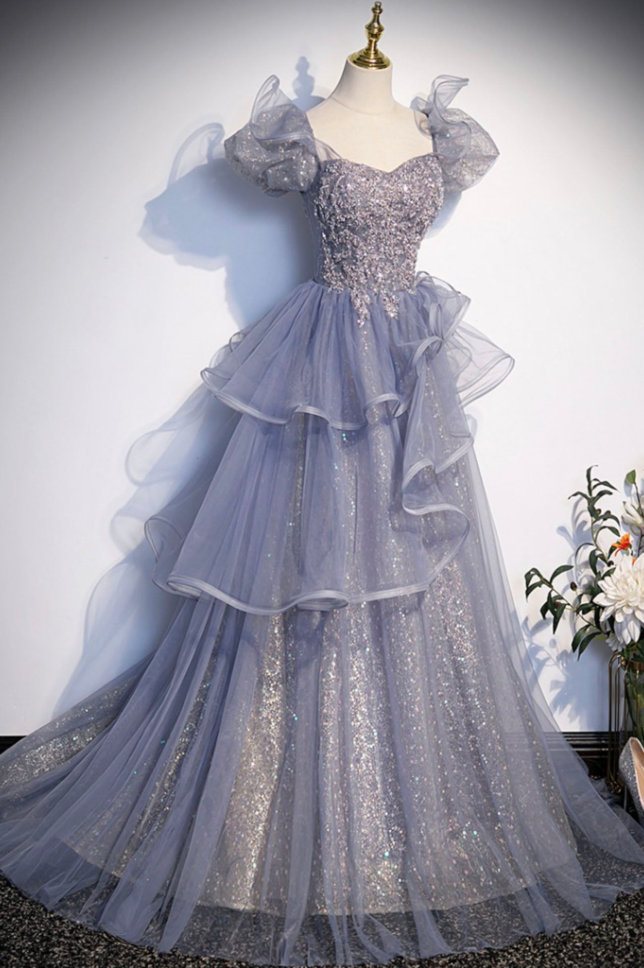 Grey A Line Puff Sleeve Ruffle Sequins Tulle Long Prom Dress Evening Dress DP1246
