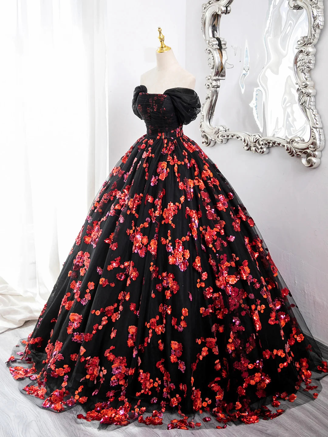 Off-the-shoulder Black Tulle Red Sequins Long Formal Gown Evening Party Dress DP914