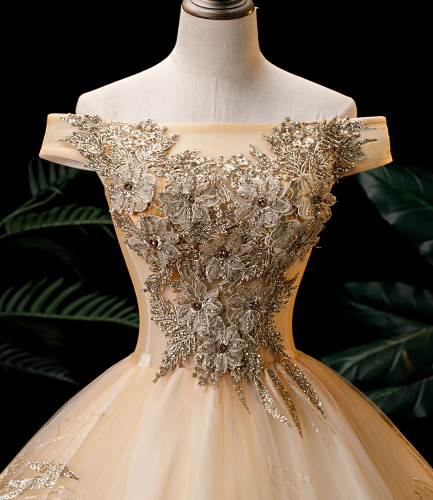 Champagne Off-the-shoulder Lace Sequins Tulle Long Ball Gown Formal Gown DP902