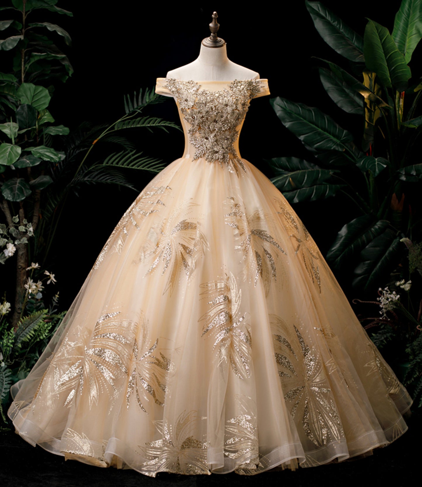 Champagne Off-the-shoulder Lace Sequins Tulle Long Ball Gown Formal Gown DP902