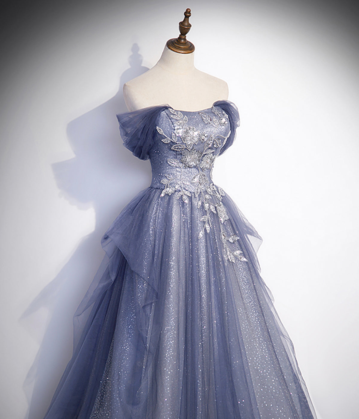 A Line Off the Shoulder Appliques Blue Tulle Lace Long Prom Dress Evening Party Dress DP1223