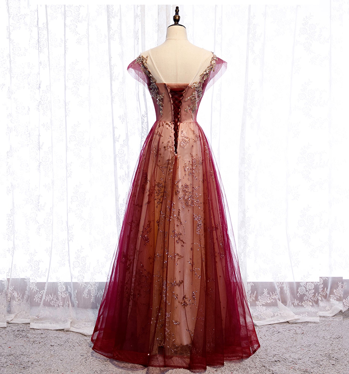 A Line Tulle Sequins Long Prom Dress Evening Gown DP1089