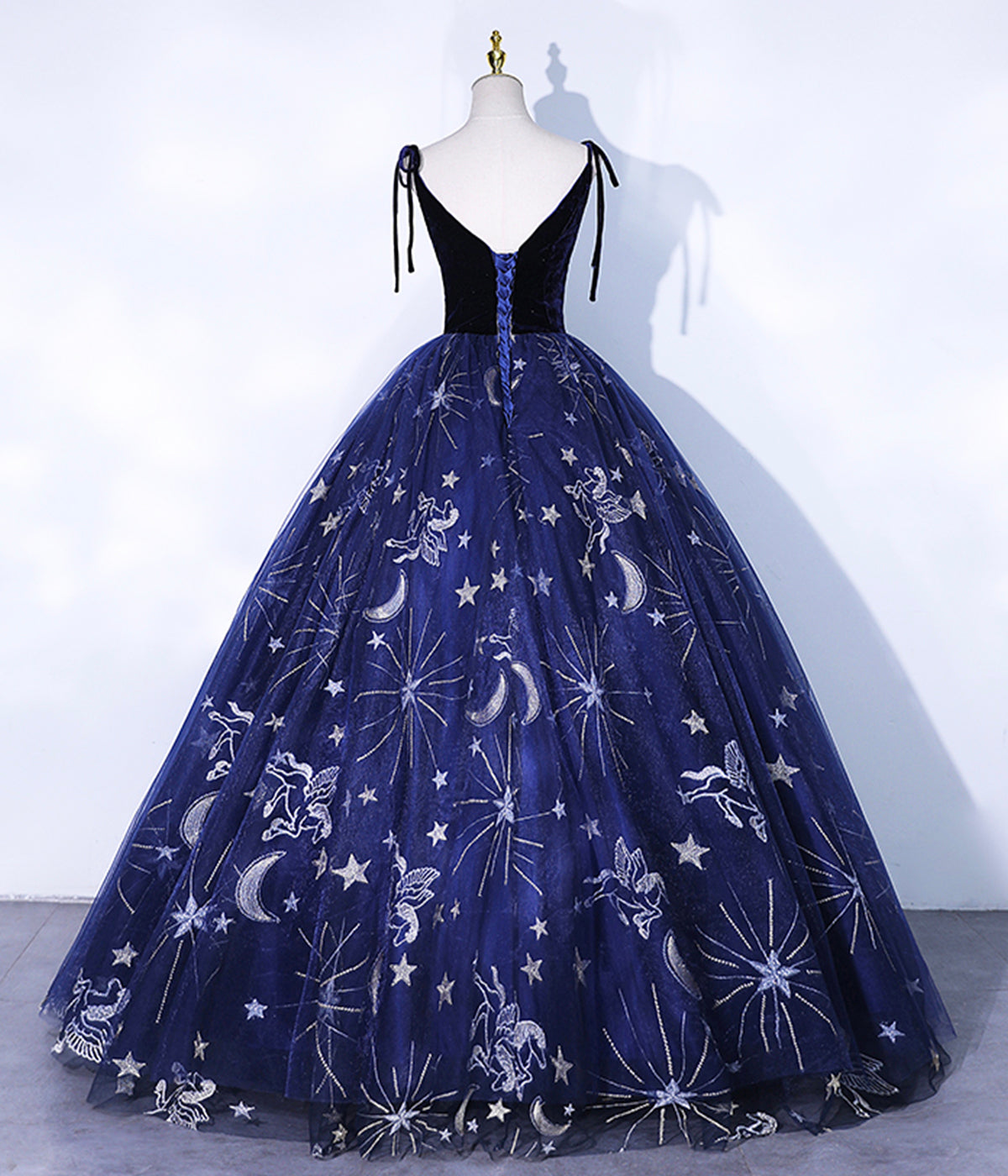 Navy Blue Spaghetti Straps Embroidery Tulle Long Prom Dress Formal Dress DP1189