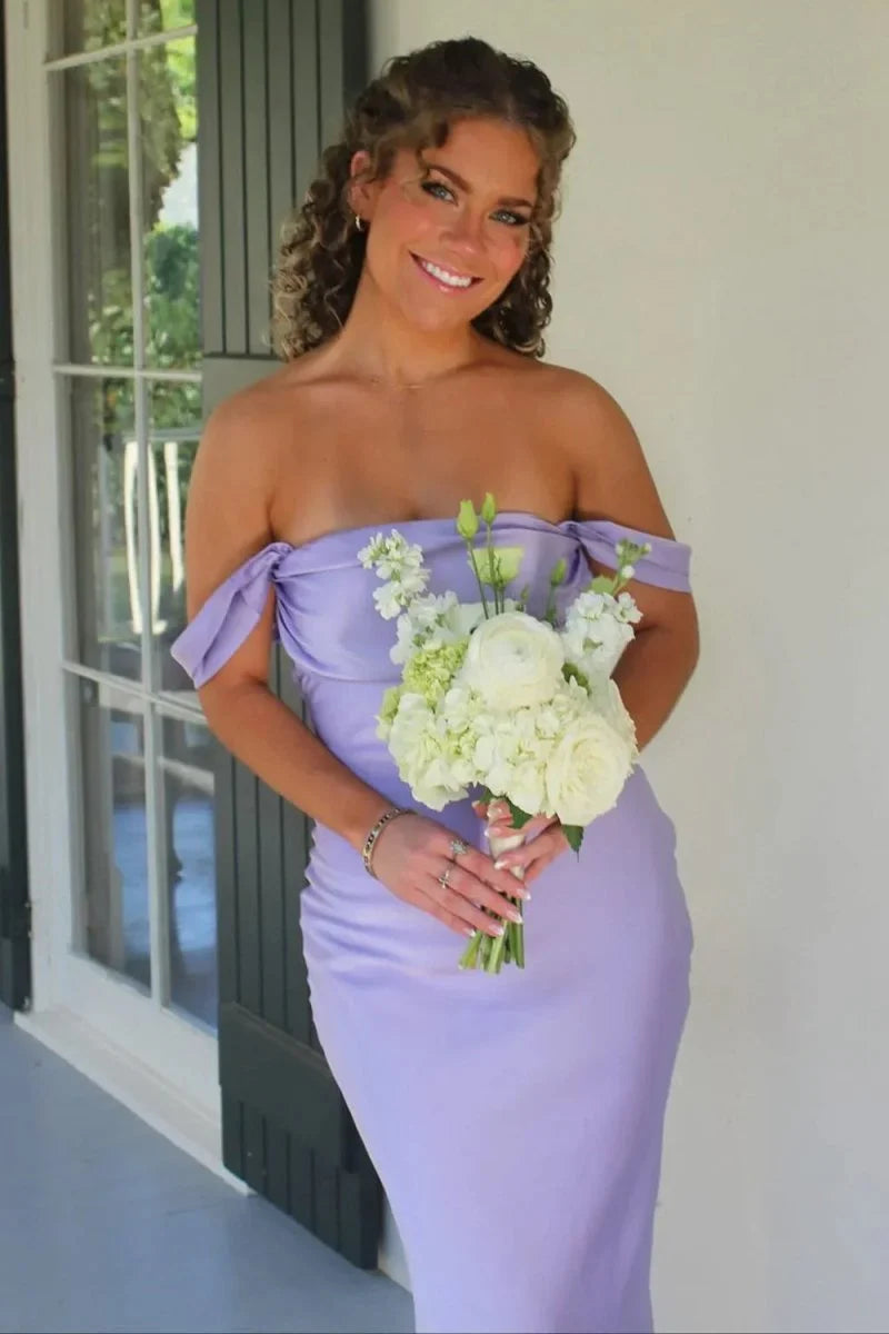 Lilac Simple Sheath Off the Shoulder Satin Evening Dress Prom Dress DP7637