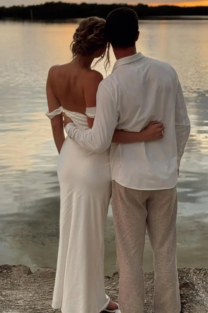White Simple Sheath Off the Shoulder Satin Evening Dress Prom Dress DP7636