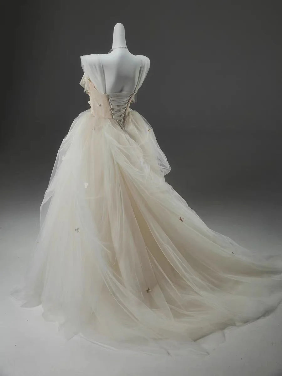 Champagne A Line Straps Flower Corset Tulle Long Prom Dress Evening Dress DP1390