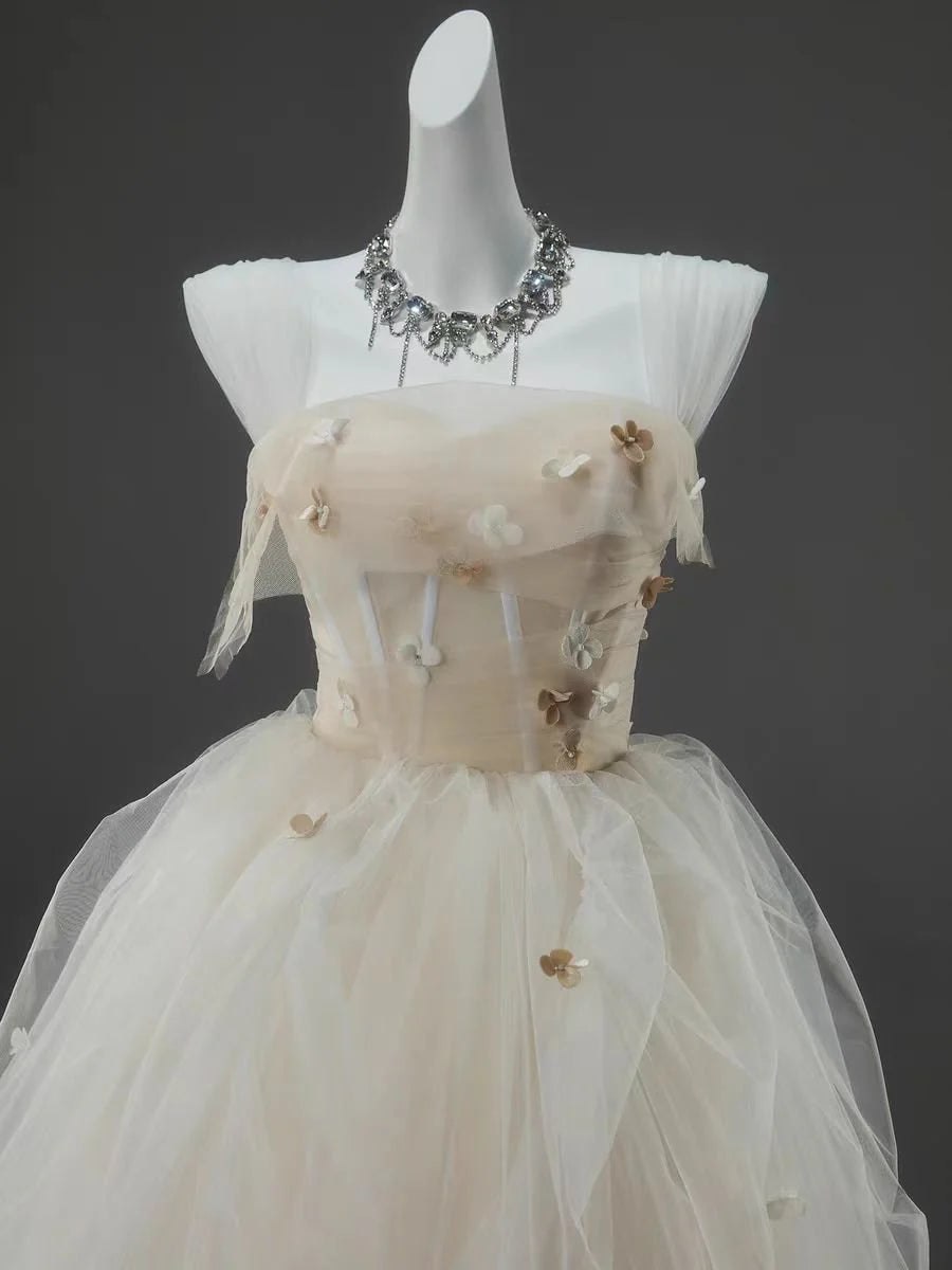 Champagne A Line Straps Flower Corset Tulle Long Prom Dress Evening Dress DP1390