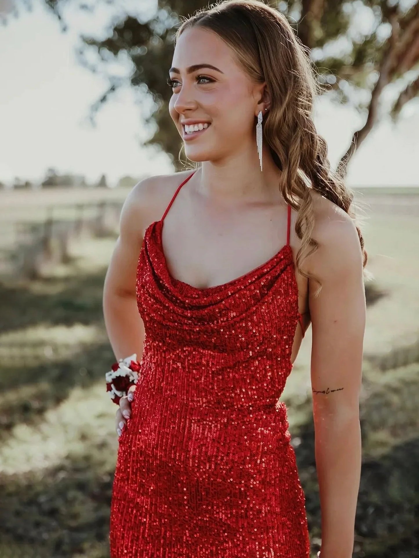 Red Mermaid Halter Sequins Backless Prom Dress Evening Dress with Slit DP1203