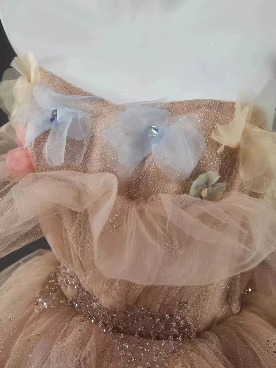 Luxurious A Line Strapless 3D Flower Layered Sequins Tulle Ball Gown Prom Dress DP1365