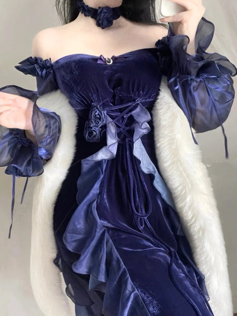 Sexy Dark Purple A Line Long Sleeve Ruffle Velvet Prom Dress DP4163