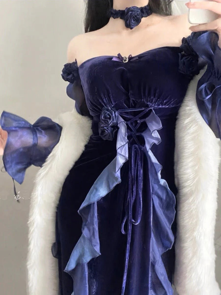 Sexy Dark Purple A Line Long Sleeve Ruffle Velvet Prom Dress DP4163