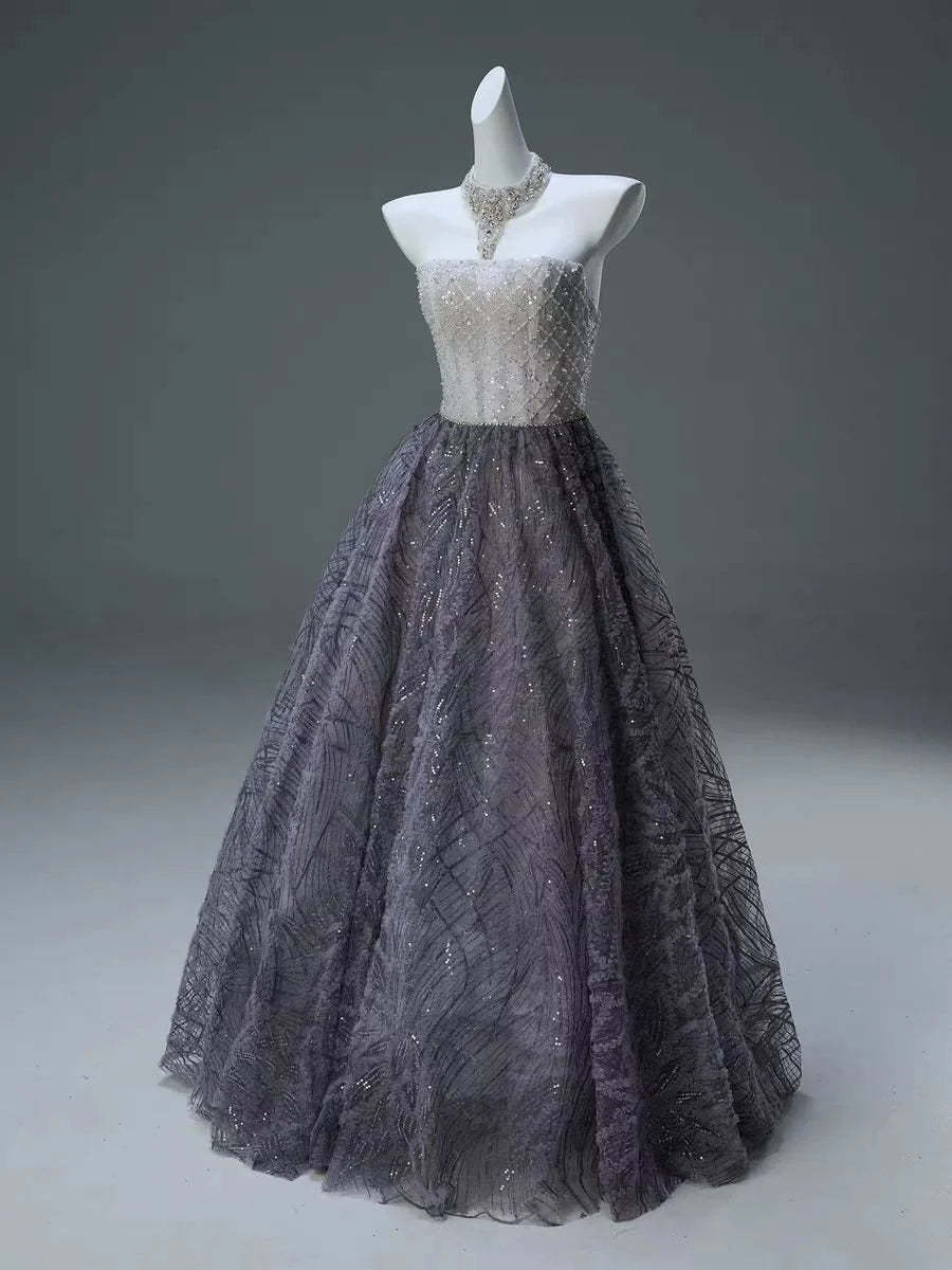 Luxurious A Line Strapless Sequins Beads Tulle Prom Dress Evening Dress DP1381