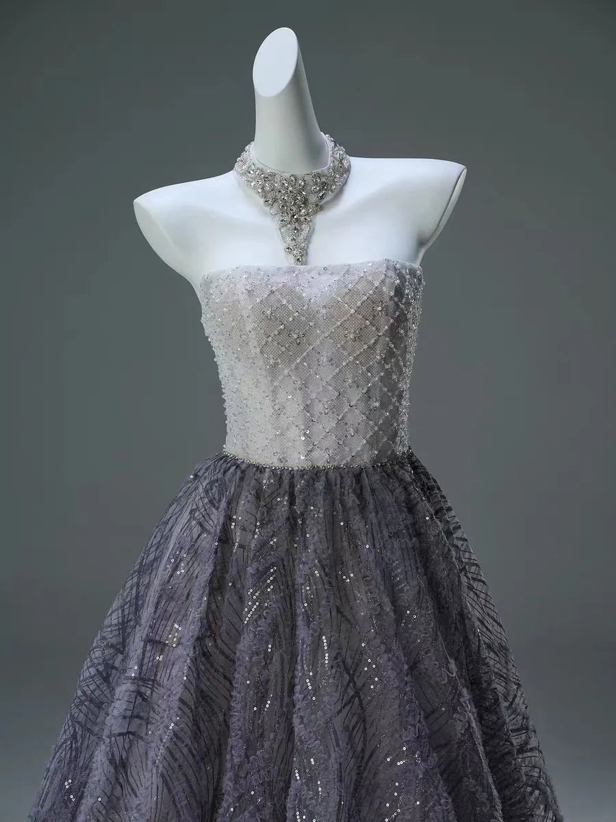 Luxurious A Line Strapless Sequins Beads Tulle Prom Dress Evening Dress DP1381