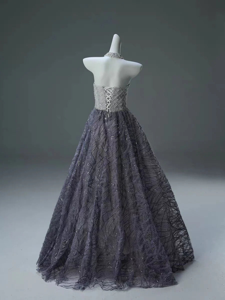 Luxurious A Line Strapless Sequins Beads Tulle Prom Dress Evening Dress DP1381