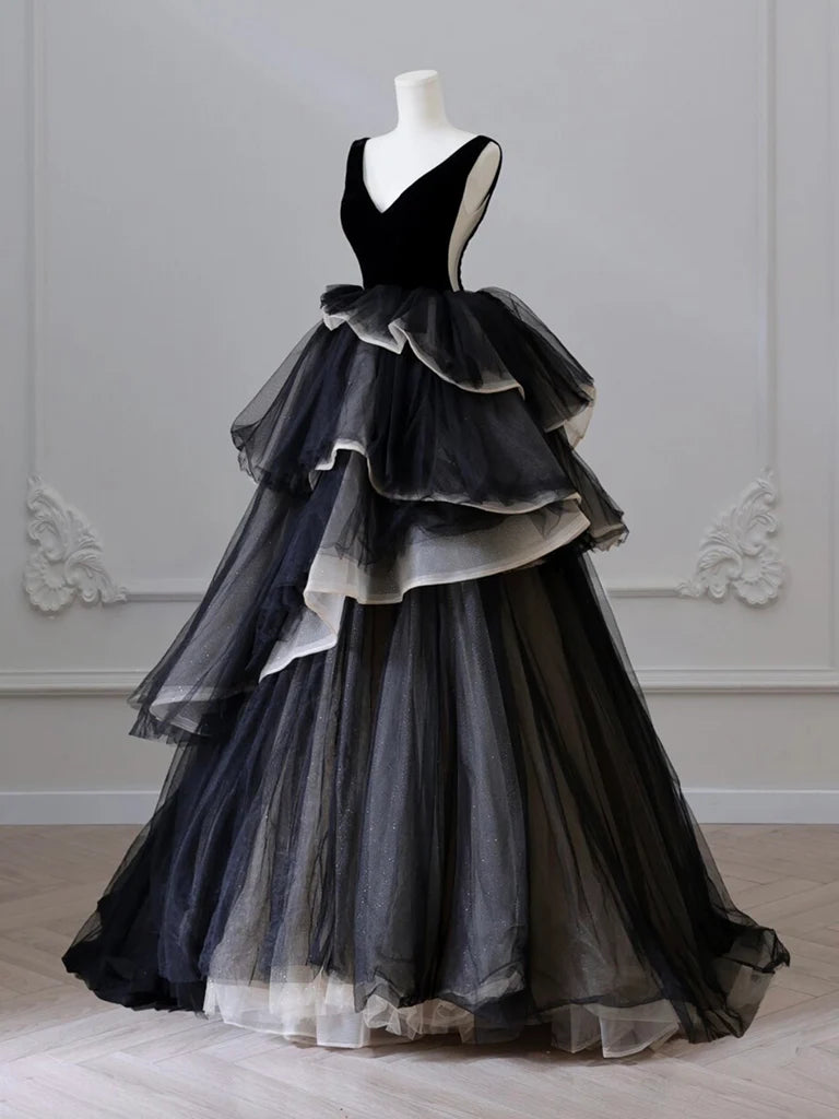 Black A Line V Neck Layered Tulle Long Prom Dress DP843
