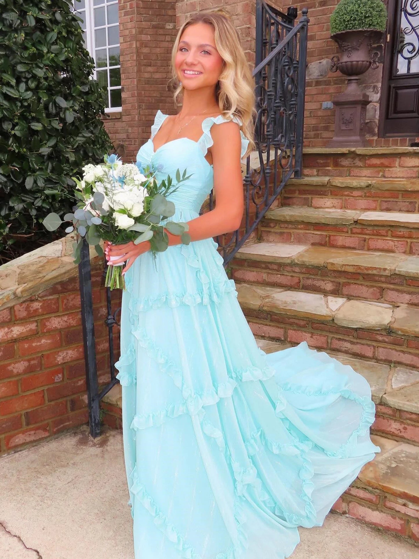 A Line Straps Sky Blue Chiffon Ruffles Long Prom Dress DP1037