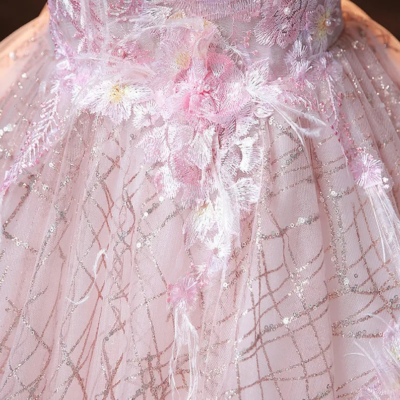 Pink Ball Gown Puff Sleeve Appliques Sequins Tulle Prom Dress DP1014