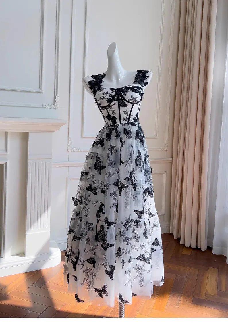 A Line Spaghetti Strap Butterfly Embroidery Tulle Prom Dresses DP933