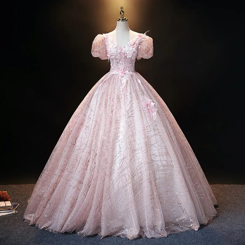 Pink Ball Gown Puff Sleeve Appliques Sequins Tulle Prom Dress DP1014